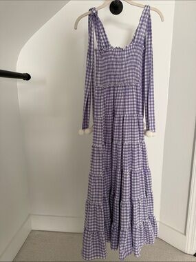Sundress Lavender Gingham Tiered Maxi Dress with Tie Straps